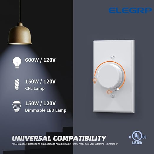 ELEGRP Digital Rotating Dimmer Switch for Dimmable LED, CFL and Incandescent Light Lamp Bulbs, Single Pole / 3-Way Rotary Dimmer Switch, Wall Plate Included, UL Listed (1 Pack, Matte White)