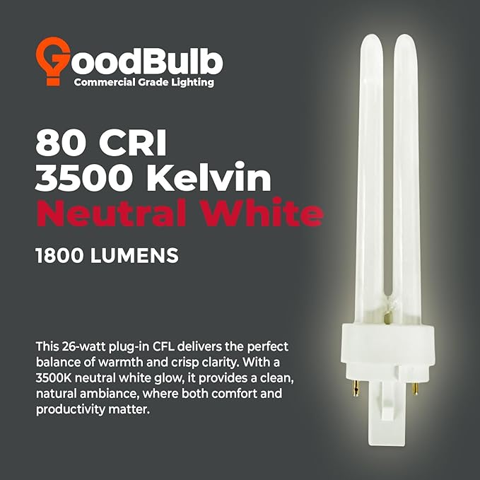 GoodBulb 26 Watt CFL Light Bulbs 2 Pin G24D-3 Base 3500K Neutral White 26W High Output 1800 Lumens Double Tube Compact Fluorescent Light Bulbs Plug-in 10 Pack