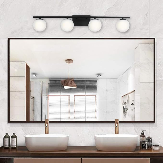 New Bathroom Vanity Light Fixtures Matte Black Milk White Globe Glass Shade 4 Lights Modern Wall Bar Sconce Over Mirror(4 lights-35.43inch)