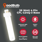 GoodBulb 26 Watt CFL Light Bulbs 4 Pin G24Q-3 Base 3500K Neutral White 26W High Output 1800 Lumens Double Tube Compact Fluorescent Light Bulbs Plug-in 10 Pack