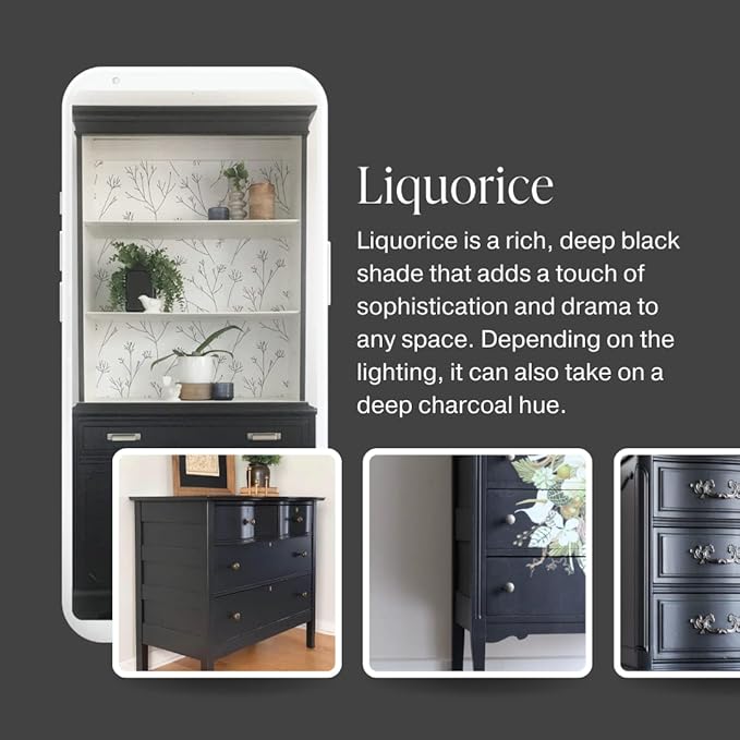 Country Chic All-in-One Chalk Paint for Furniture, Cabinets, Home Decor, Eco-Friendly, Matte Finish, Built-In Primer & Top Coat for Wood, Metal - Liquorice (Black) - Pint 16 oz (475 ml)