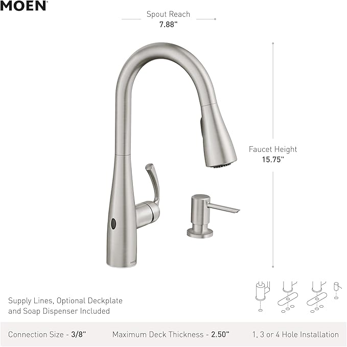 Moen Essie Chrome MotionSense Wave One-Handle Touchless Kitchen Faucet with Pulldown Sprayer and Soap Dispenser, 87014EWC