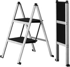 2 Step Ladder,Aluminum Ultra Thin Folding Step Stool,400 Lbs Capacity with Anti-Slip Sturdy and Wide Pedal,Closet Step Ladder for Home,Kitchen and Office,Space Saving (Silvery White, 2-Step)