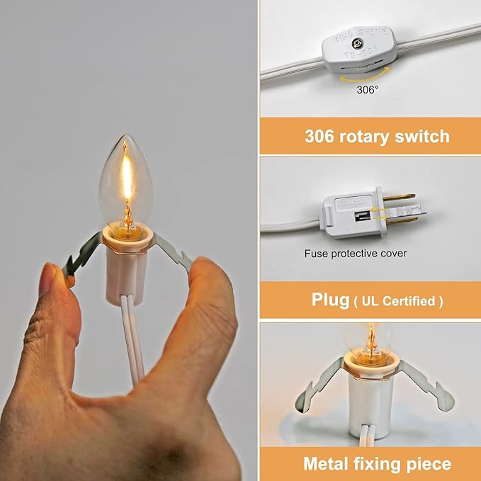 KGC LED Accessory Cord with 3 LED Night Light Bulbs, White Cord with On/Off Switch Plugs - C7 led Bulb Warm White with Spare Fuse for Holiday Decoration and Craft Village House Decoration 1 Pack