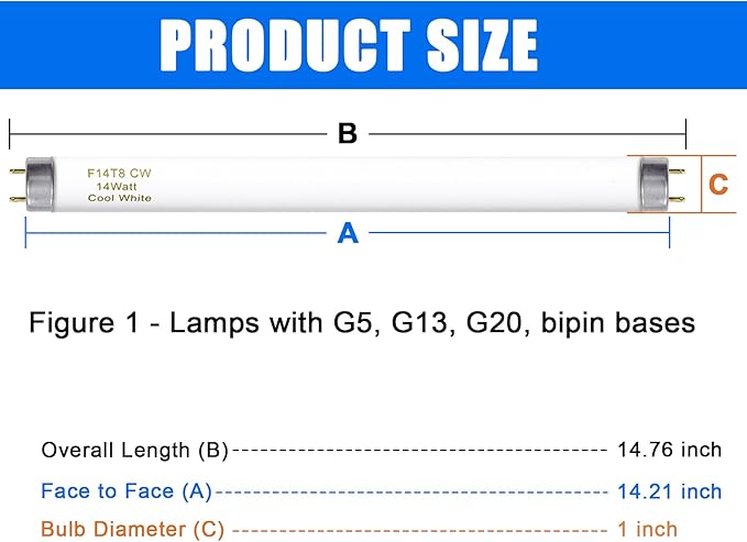 15 Inches T8 Fluorescent Light Bulb 4100K 14 Watt, F14T8/CW 14W Fluorescent Tube,14 Watts, G13 Medium Base, 650 Lumen, 6 Pack