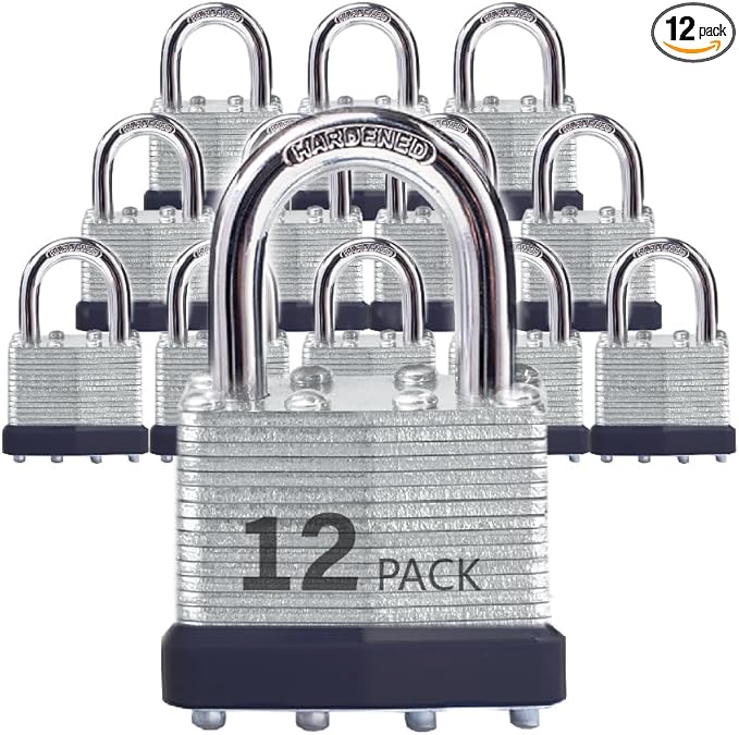 Keyed Alike Laminated Steel Padlocks with Normal Shackle for Sheds, Fences & Lockers (12-Pack)