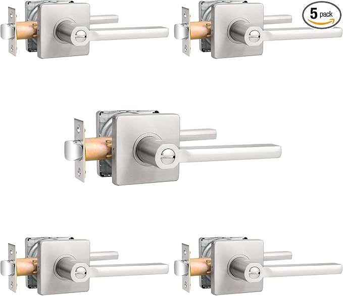 Probrico Privacy Door Handle Interior Heavy Duty Square Brushed Nickel Door Knobs for Bedroom Bathroom Reversible Keyless Door Lever Satin Nickel, 5 Pack