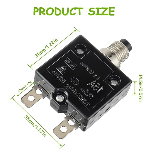 15A Manual Reset Push Button Circuit Breaker 125/250V AC 50V DC Thermal Overload Protector with Quick Connect Terminals and Waterproof Button Caps Assortment Kit(Pack of 1 pcs)