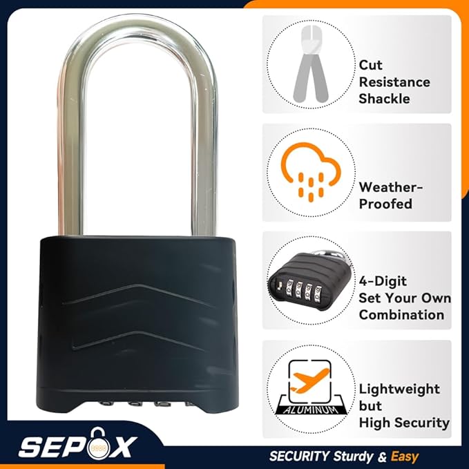 SEPOX 10PCS Large Combination Padlock, Long Shackle Outdoor Combo Lock 2.2" 55mm Heavy Duty Weatherproof, Ressetable 4Digital, Security Aluminum Body,Uncuttable Shackle, for Home, School, Gate, Garden