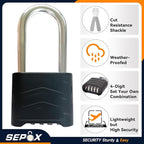 SEPOX 2PCS Large Combination Padlock, 2-5/8" Extra Long Shackle, Outdoor Combo Lock 2.2" 55mm Aluminum Body, Weatherproof, Ressetable 4Digital, Uncuttable Shackle, for Home, School, Gate, Garden
