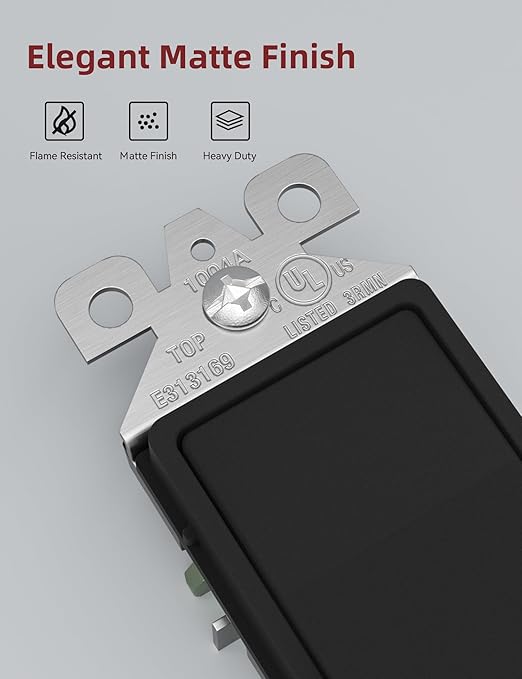 AIDA Matte Black Single Pole Decorator Light Switch, 15Amp, 120/277V, Decorative Paddle Rocker Switch Replacement, Electrical Wall Switch,Residential/Commercial Grade, UL/CUL (50 Pack)