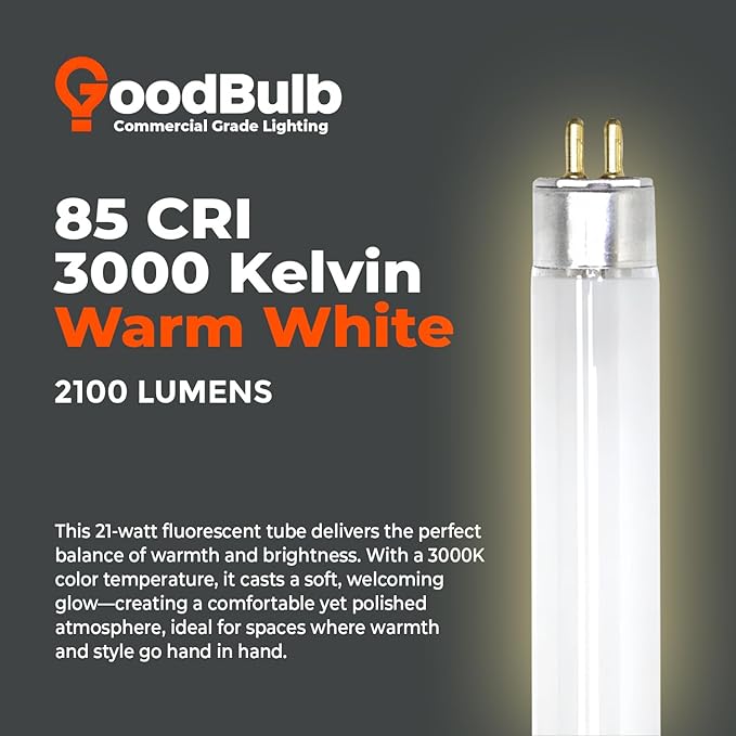 GoodBulb 21W 34 Inch T5 Fluorescent Light Bulb 3000K Warm White Medium Bi-Pin Base 2100 Lumens 85 CRI 36000 Life Hours Instant/Programmed Start (Pack of 40)