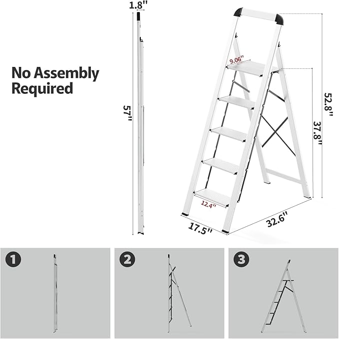 KINGRACK Aluminium 5 Step Ladder, Lightweight Step Stool with Non-Skid Pedals, Handrail, Foldable Step Ladder for Kitchen, Garage, Home, Space Saving, Sturdy and Portable, Silver
