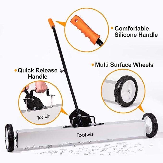 Toolwiz 36'' Magnetic Sweeper with Wheels, 50 Lbs Capacity Rolling Magnetic Floor Sweeper with Telescoping Holder and Quick Release Latch Industrial Heavy Duty Metal Pick Up 18/24/36 Inches