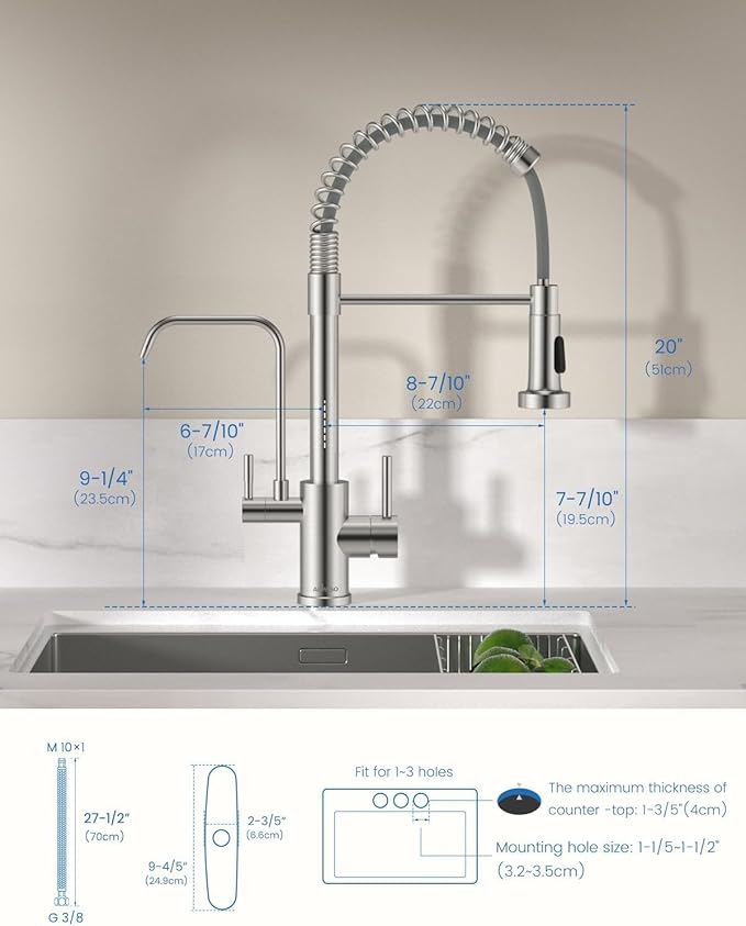 APPASO Kitchen Faucet with Drinking Water Faucet, 3 in 1 Pull Down Faucet with Purfied Water Faucet, 20 Inches High Arc Kitchen Water Filter Faucet, Brushed Nickel (Without Filtration Device)