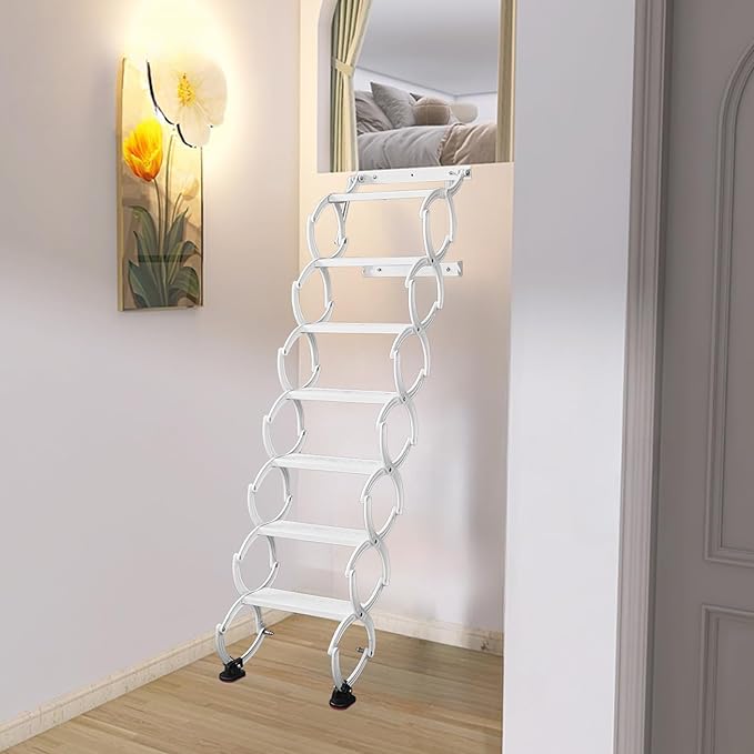 7 Steps Wall Mounted Attic Ladder, Indoor Attic Stairs Pull Down System, Metal Telescoping Step Ladders, Anti-slip Retractable Folding Stair, Loft Extension Steps Staircase for Garage (white, 7 Steps)