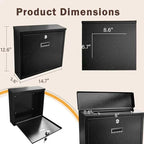 Wall Mount Mailbox, Black Powder Coated Steel, Locking Security Mailbox for Letters and Parcels, 14 x 3.8 x 12.5 Inches