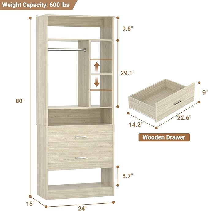 Freestanding 24" Closet System with 2 Wood Drawers, 2FT Small Closet Organizer System with 6 Shelves & Hanging Rod, Walk-in Closet Systems for Small Closets, White Oak (24"L x 15"W x 80"H)