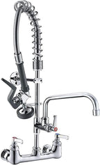 Commercial Wall Mount Kitchen Sink Faucet Brass Constructed Polished Chrome Pre-Rinse Device 25" Height 8" Center with Spring Pull Down Sprayer and 12" Add-on Spout (25 inches)