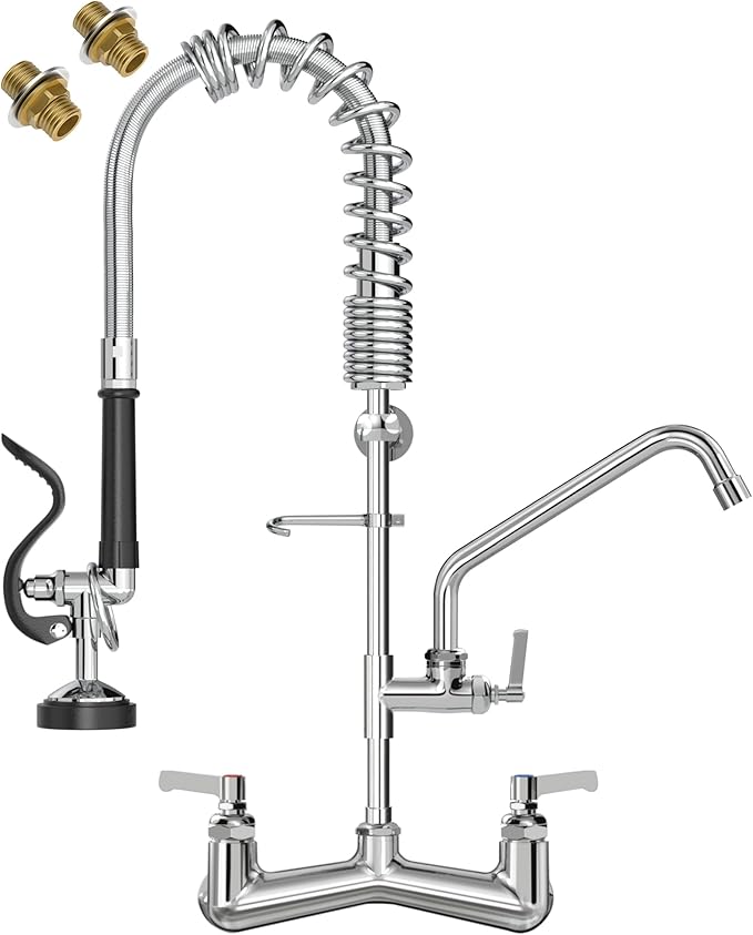 Commercial Faucet with Pre-Rinse Sprayer : 25" Height 8" Adjustable Center Wall Mount Commercial Kitchen Sink Faucet with Pull Down Spray & 10" Add-on Swing Spout for 1/2/3 Compartment Sink