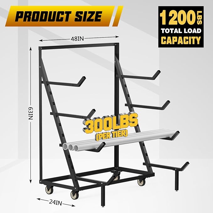 4 Tier Pipe And Lumber Storage Rack - Heavy Duty Pipe Rack With 4IN Swivel Casters And Adjustable Support Bar Weight Capacity Up To 1200LBS, Plywood Storage Shelf For Garage, Workshop And Warehouse