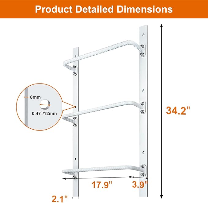 3-Step Window Well Ladder Straight, Heavy Duty Steel Wall Mounted Ladder, Powder-Coated Basement Egress Window Ladder 34.2" Lx17.3 W, White
