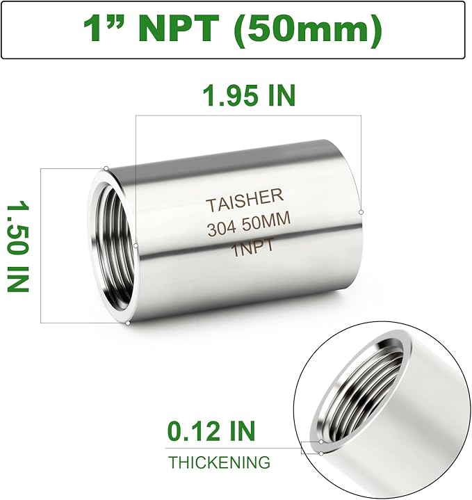 TAISHER 2PCS Stainless Steel Pipe Fittings, 1" NPT Female x 1" NPT Female Threaded, 2" Length Thickened Nipple Cast Pipe