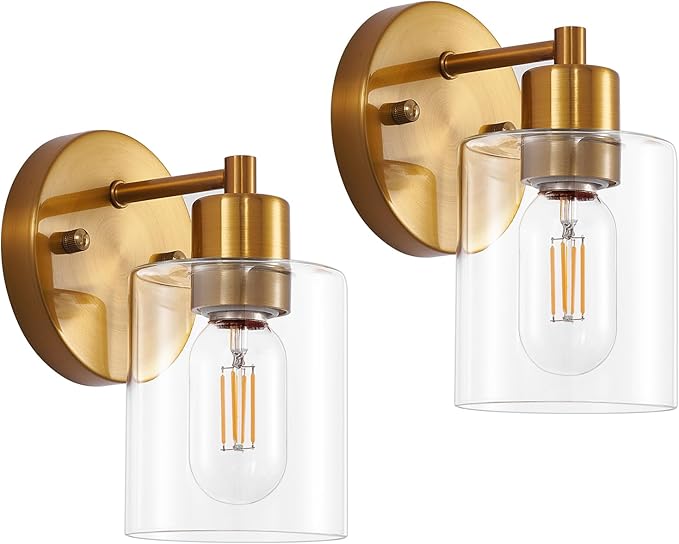 1-Light Gold Wall Sconce,Vanity Light, Modern Bathroom Light fixtures with Clear Glass Shade for Bedroom, Entrance, Hallway, Living Room Wall Mount Bathroom Mirror Fixtures (1PACK)