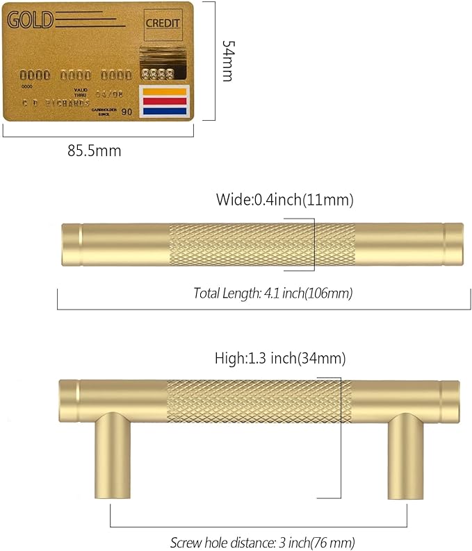 Amerdeco 10 Pack Gold Knurled Cabinet Pulls 3 Inch Center to Center Kitchen Cabinet Handles for Drawer Dresser, Cupboard and Wardrobe ZH0031