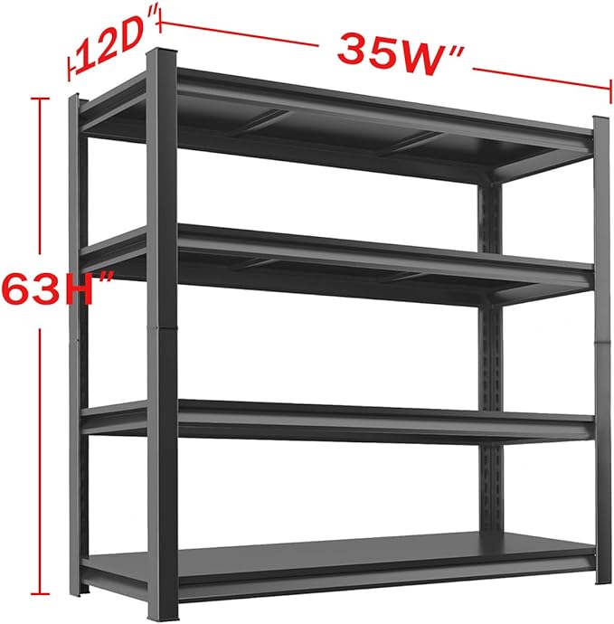 Metal Garage Storage Shelves Heavy Duty Shelving Unit 4 Tier Steel Adjustable Organizing Shelves 2500 LBS Capacity Industrial Shelving Ideal for Garage Tote Pantry Basement Outdoor, 63”Hx35”Wx12”D