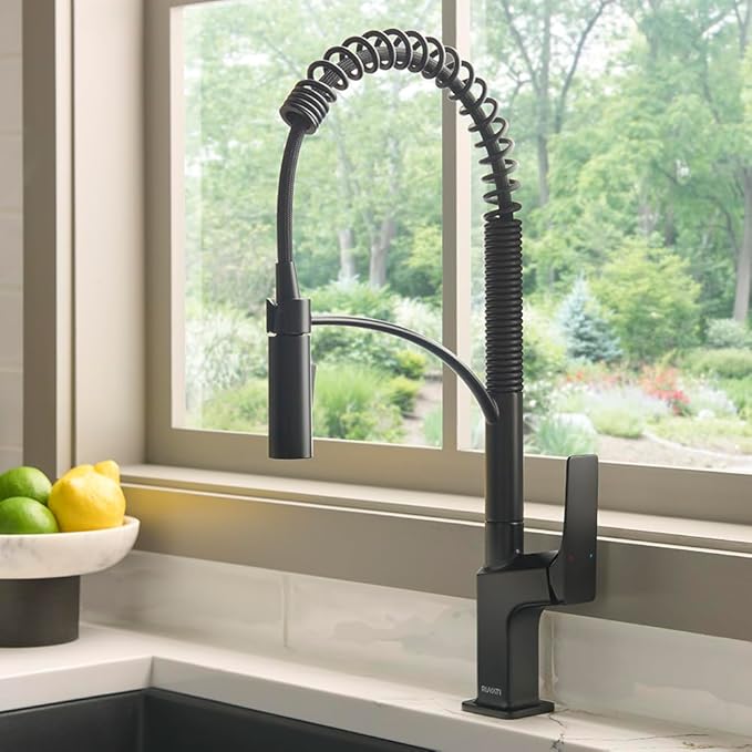 Ruvati Seneca Matte Black Single Handle Pull Down Kitchen Faucet Spiral Pro Style with Pre-Rinse Spray Hose - RVF1236MB