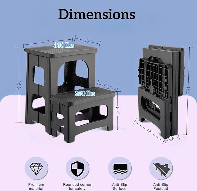 2 Step Stool Foldable, Non-Slip Steps, Folding Step Stool for Adults & Kids, Plastic Stool Pool Ladder, Collapsible Stools 2 Step Ladder for Kitchen Toilet Bedroom Office RV, Holds 330 lbs