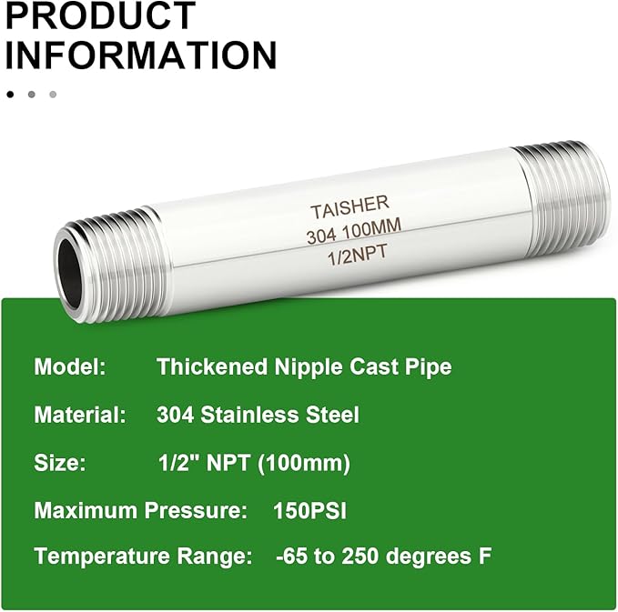 TAISHER 2PCS Stainless Steel Pipe Fittings, 1/2" NPT Male x 1/2" NPT Male Threaded, 4" Length Thickened Nipple Cast Pipe