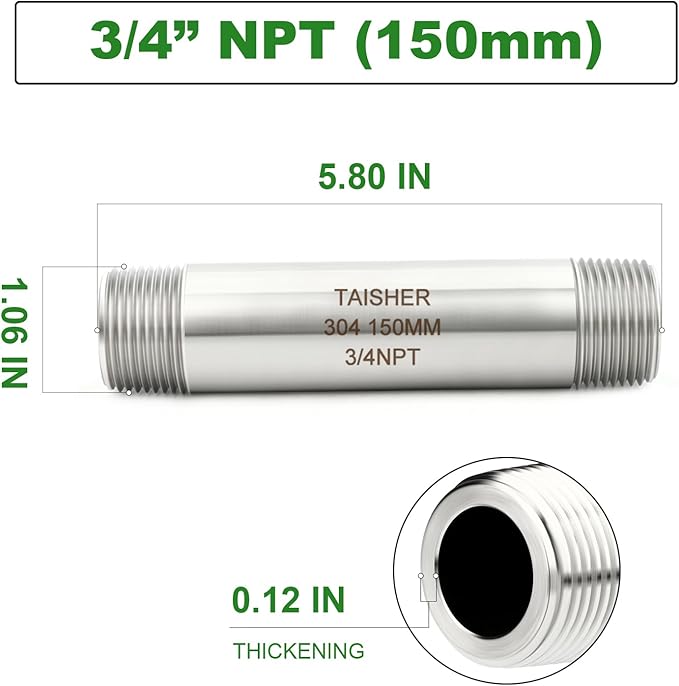 TAISHER 2PCS Stainless Steel Pipe Fittings, 3/4" NPT Male x 3/4" NPT Male Threaded, 6" Length Thickened Nipple Cast Pipe