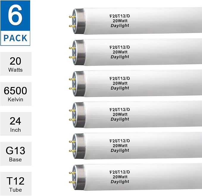 (6Pack F20T12/D Daylight 24 inch 20 watt T12 Straight Fluorescent Light Tube, 1350 Lumens, 6500K Daylight, Medium Bi-Pin G13 Base