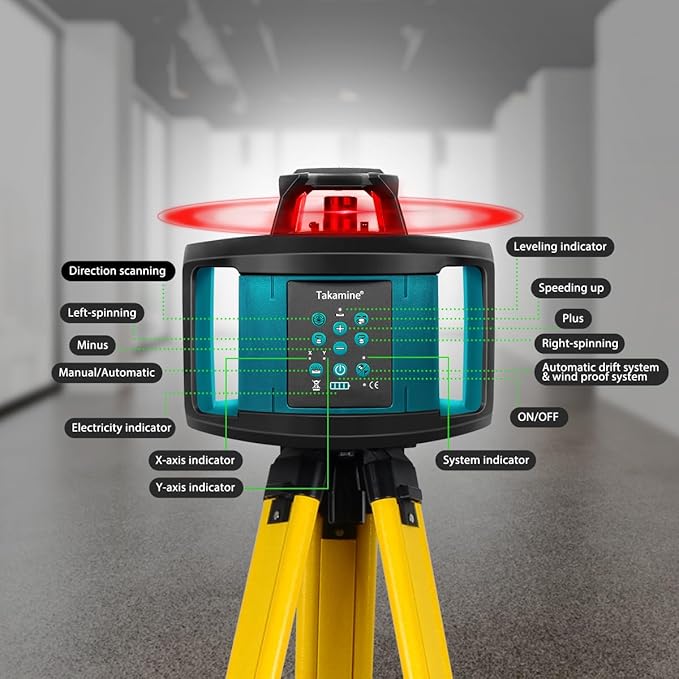 Takamine Rotary Laser Level Kit, Red Beam 635nm Wavelength, 800M Measuring Range, Horizontal/Vertical Self-Leveling, 5 Scan Angle and Rotation Speed Adjustment, Includes Remote Control, Receiver.
