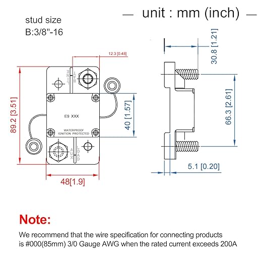 Hi-Amp 3/8“ Studs 200A Circuit Breaker Auto Reset No Switch Button for Marine Boat, Car Audio, Solar System, Battery Protection 12V-32V DC IP67