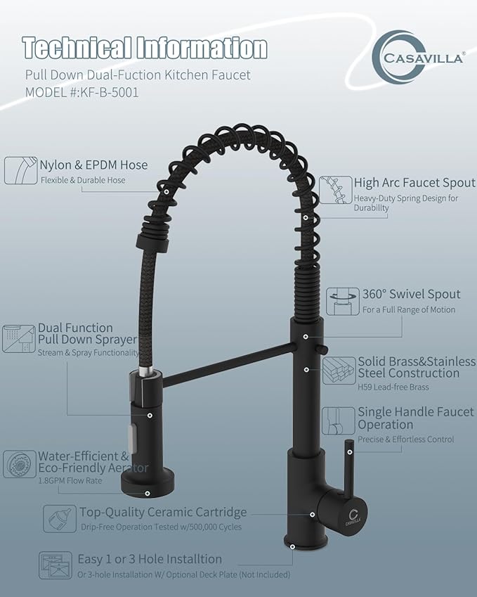 Kitchen Faucet, Black Kitchen Sink Faucets with Pull Down Sprayer, Single Handle Stainless Steel Faucets for Kitchen Sinks, Dual Function Spray Head, Farmhouse Kitchen Faucets