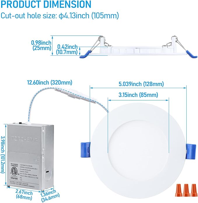 TORCHSTAR 5CCT 4 Inch Slim LED Recessed Lighting with Junction Box, Dimmable 10W Ultra-Thin Recessed Light, 2700K3000K3500K4000K5000K Selectable, 700LM LED Downlight, ETL & Energy Star, Pack of 6