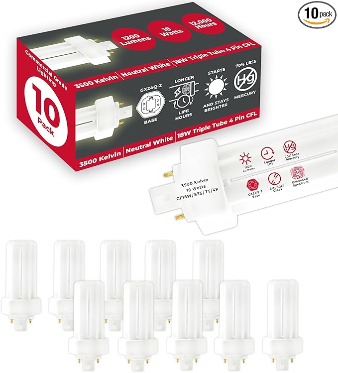 GoodBulb 18 Watt CFL Light Bulbs 4 Pin GX24Q-2 Base 3500K Neutral White 18W High Output 1200 Lumens Triple Tube Compact Fluorescent Light Bulbs Plug-in 10 Pack