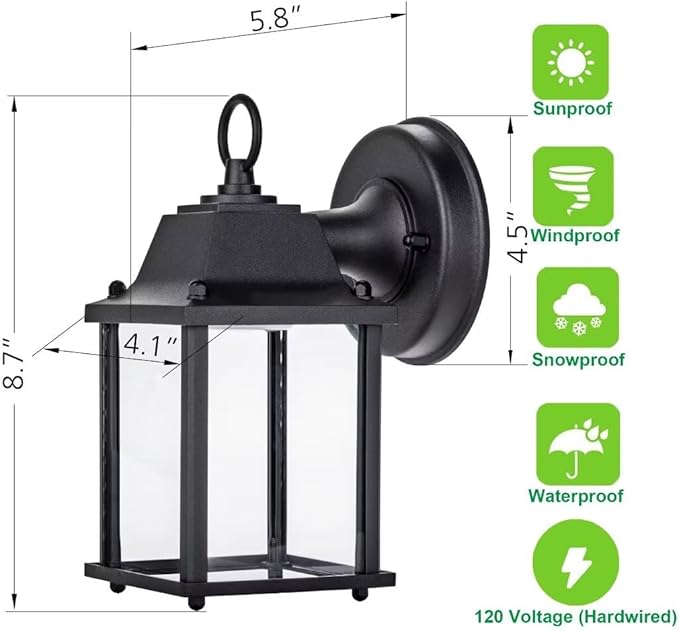 LIT-PaTH Outdoor LED Wall Lantern, Wall Sconce as Porch Lighting Fixture, 5000K Daylight White, 9.5W 800 Lumen, Aluminum Housing Plus Glass, Black Finish, 2-Pack