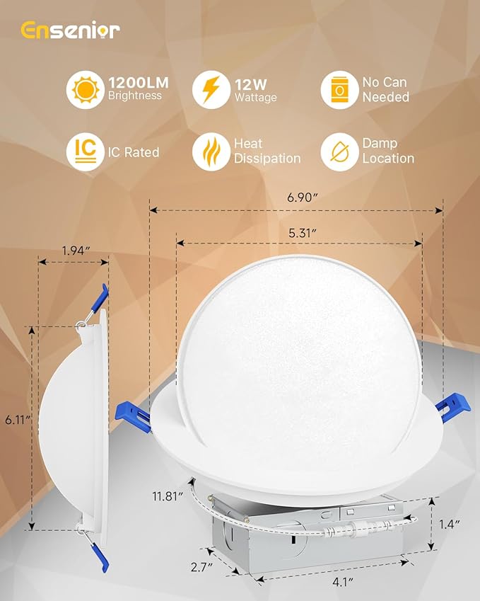 Ensenior 4 Pack 6 inch Gimbal Led Recessed Lighting, 90° Rotatable and 5CCT Selectable, Dimmable Eyeball Recessed Lights, Canless Angled Adjustable Ceiling Downlight, 1200LM, 12W=115W-FCC Certified