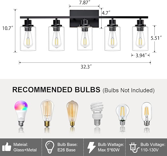 5 Light Bathroom Light Fixtures Black Vanity Light Over Mirror Modern Farmhouse Wall Lighting Sconces Wall Lamp for Bathroom, Bedroom, Living Room E26 Socket with Glass Shade