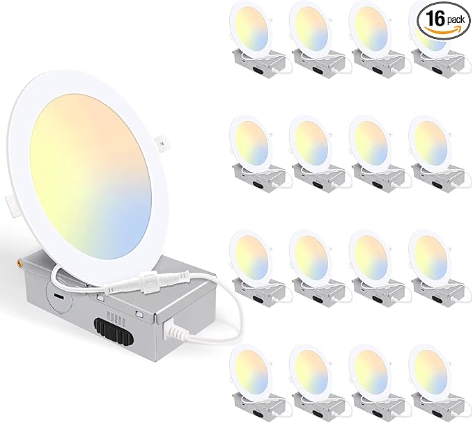 16 Pack 5CCT Ultra-Thin LED Recessed Lighting 6 Inch, Downlight with Junction Box, 2700K/3000K/4000K/5000K/6500K Selectable, 12W 110W Eqv, Dimmable Wafer Lights, 1050LM Canless LED Recessed Light, ETL