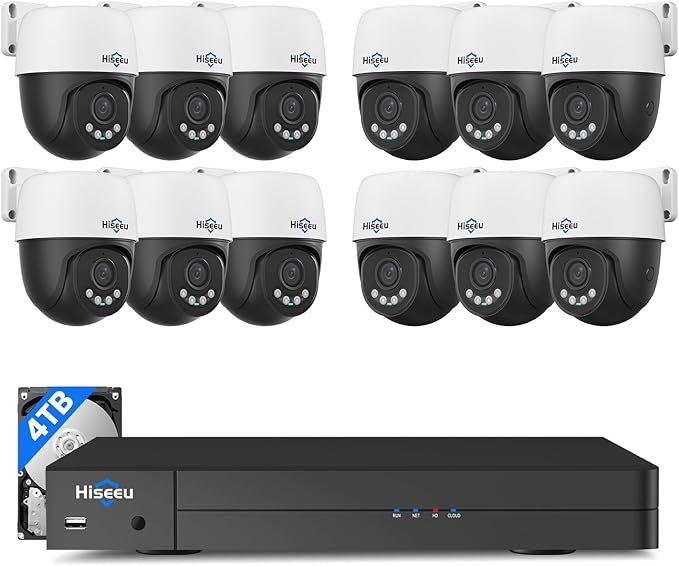 【360°View】 Hiseeu 12MP NVR 12 Pcs PoE PTZ Cameras, 350°Pan 90° Tilt，Auto Human Tracking, Human Vehicle Detect, 2 Way Audio, 7/24 Record&Playback，4TB HDD for Home Surveillance Outdoor Indoor
