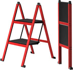 2 Step Ladder,Aluminum Ultra Thin Folding Step Stool,400 Lbs Capacity Heavy Duty with Anti-Slip Sturdy and Wide Steps,Closet Slim Step for Home,Kitchen and Office,Space Saving (Red, 2-Step)