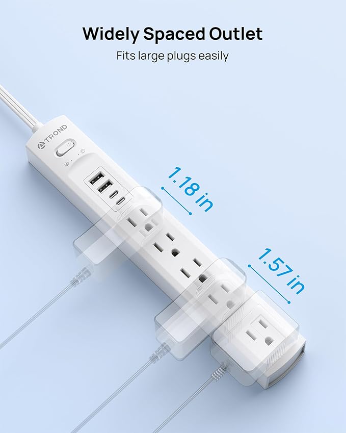 TROND Surge Protector Power Strip with 360° Rotating Flat Plug, 5 Widely Spaced Outlets with 2 USB C and 2 USB A, 1440J Surge Protector, Wall Mountable, Extension Cord 6ft for Home Office Dorm, White