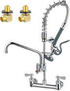 Commercial Sink Faucet with Sprayer 8 Inch Center Wall Mount Kitchen Sink Faucet with 10" Add-on Swing Spout 25" Height Faucet with Down Pre-Rinse Sprayer