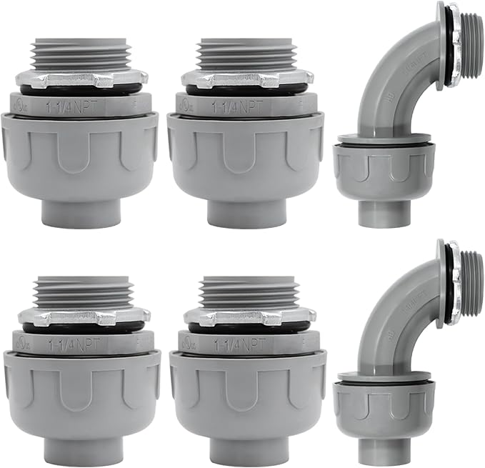 1-1/4 inch Liquid Tight Connector PVC Flexible Conduit Connector, 180 Degree and 90 Degree UL Listed, Non-Metallic Electrical Conduit Fittings 6 Pack(4 pcs 180D/2 pcs 90D)