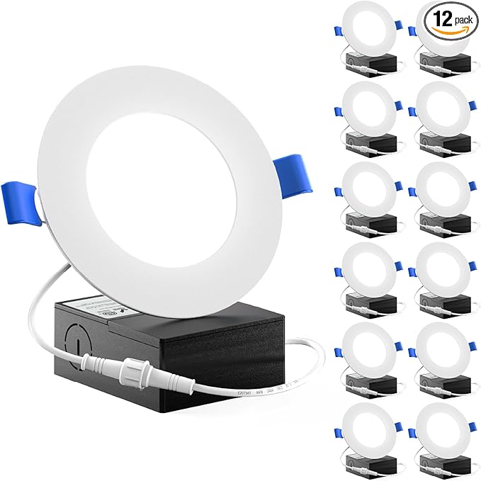 Sunco 12 Pack 4 Inch LED Recessed Lights, Slim Canless Ceiling Lighting, 650 LM, 10W (60W Equivalent), 3000K Warm White, Dimmable, Wafer Thin, Ultra Thin with Junction Box ETL.